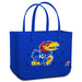 Blue tote bag with a cartoon mascot and 'KU' letters on a white background