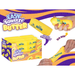 A retail display box and several yellow novelty squeeze butter bars shown with hands demonstrating the stretchy texture. The packaging and product branding read 'Ora Easy Squeezy Butter' with purple, yellow, and orange graphics.
