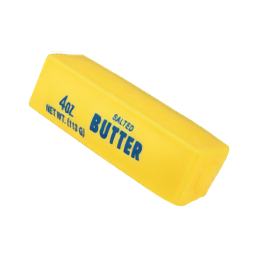 A yellow butter package block with blue text reading '4 oz SALTED BUTTER NET WT. (113 G)' on a plain white background.