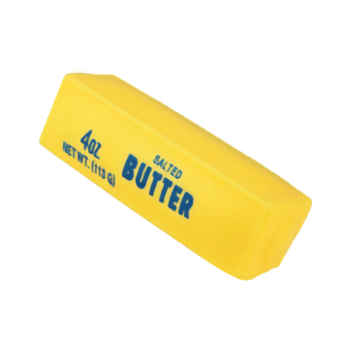 A yellow butter package block with blue text reading '4 oz SALTED BUTTER NET WT. (113 G)' on a plain white background.