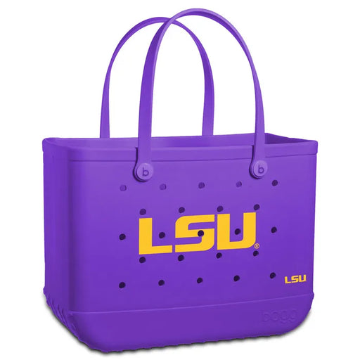 Purple tote bag with LSU logo on a white background