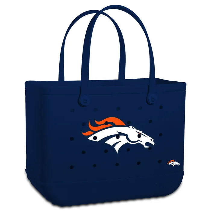 Navy blue tote bag with Denver Broncos logo on a white background