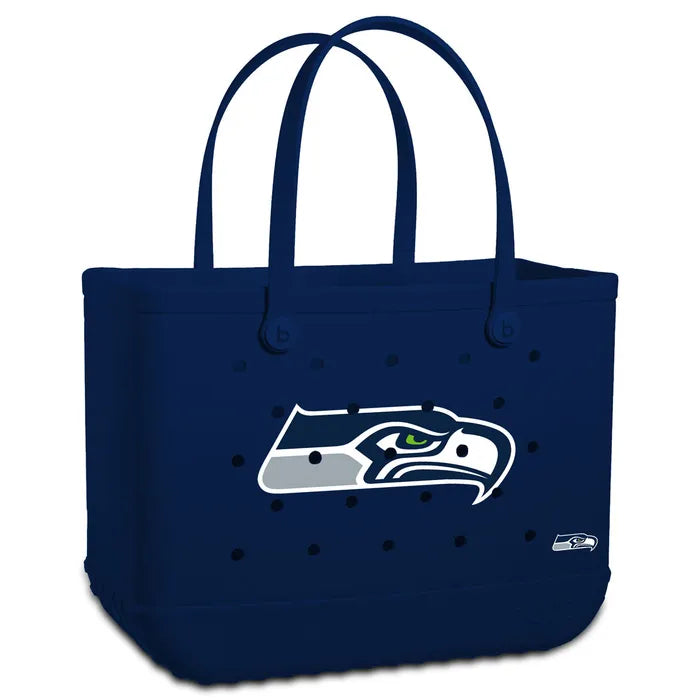 Navy tote bag with a sports team logo on a white background