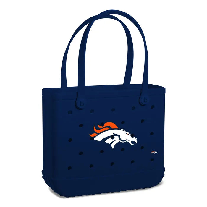 Navy blue tote bag with Denver Broncos logo on a white background