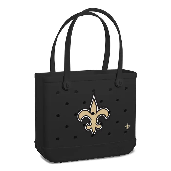 Black tote bag with a gold logo on a white background