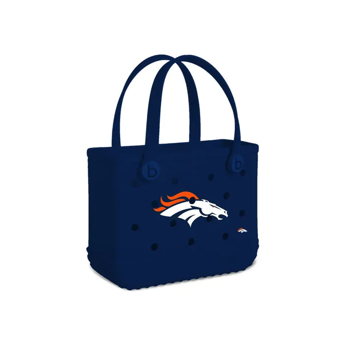Navy blue tote bag with Denver Broncos logo on a white background
