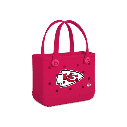 Red tote bag with a logo on a white background