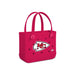 Red tote bag with a logo on a white background