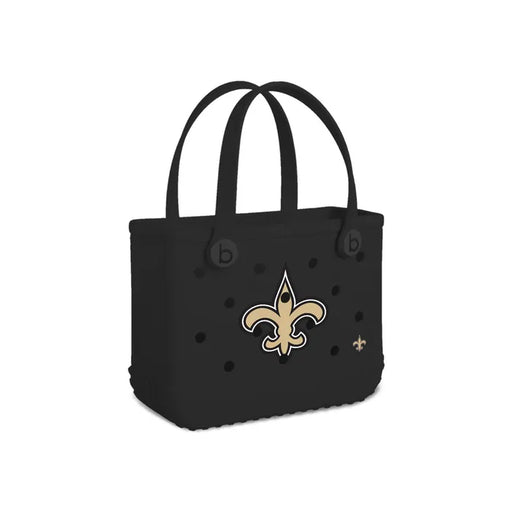 Black tote bag with a logo on a white background