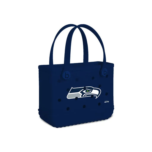 Navy tote bag with a sports team logo on a white background