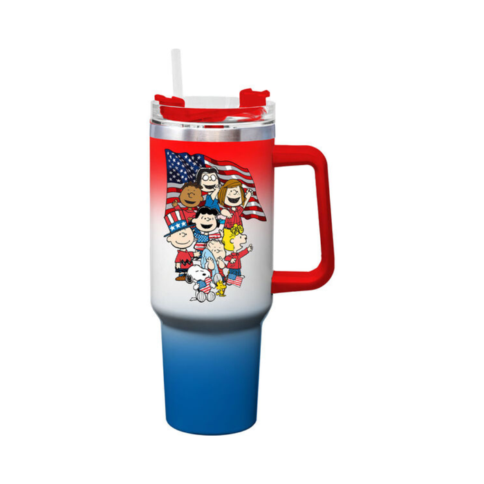 Travel mug with Peanuts characters and American flag design on a white background