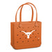 Orange tote bag with a white logo on a white background