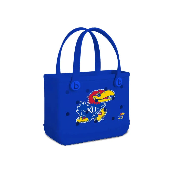 Blue tote bag with a logo on a white background