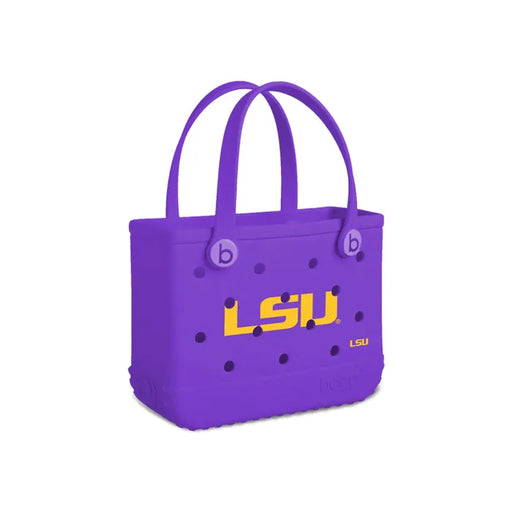 Purple tote bag with LSU logo on a white background
