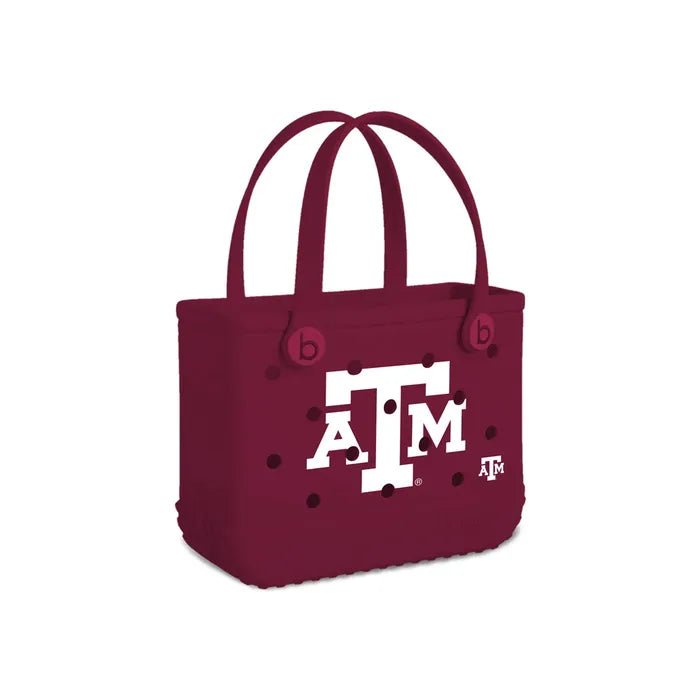 Maroon tote bag with 'ATM' logo on a white background