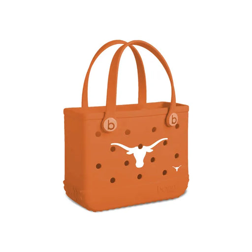 Orange tote bag with polka dots and a logo on a white background