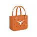 Orange tote bag with polka dots and a logo on a white background