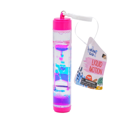 Colorful liquid motion toy with pink cap and label on a white background