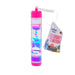 Colorful liquid motion toy with pink cap and label on a white background