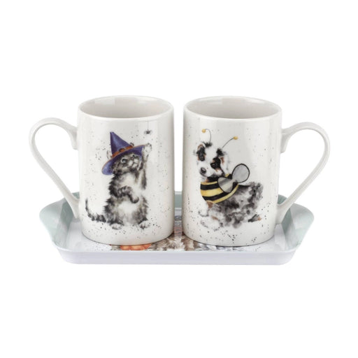 Two mugs with animal illustrations on a tray against a white background