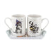 Two mugs with animal illustrations on a tray against a white background
