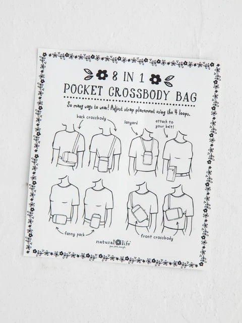 Diagram of a 8-in-1 pocket crossbody bag on a white background