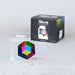 Colorful geometric puzzle with packaging on a light gray background
