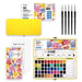 Watercolor painting set with watercolor pan, brushes, and swatch sheet on a white background