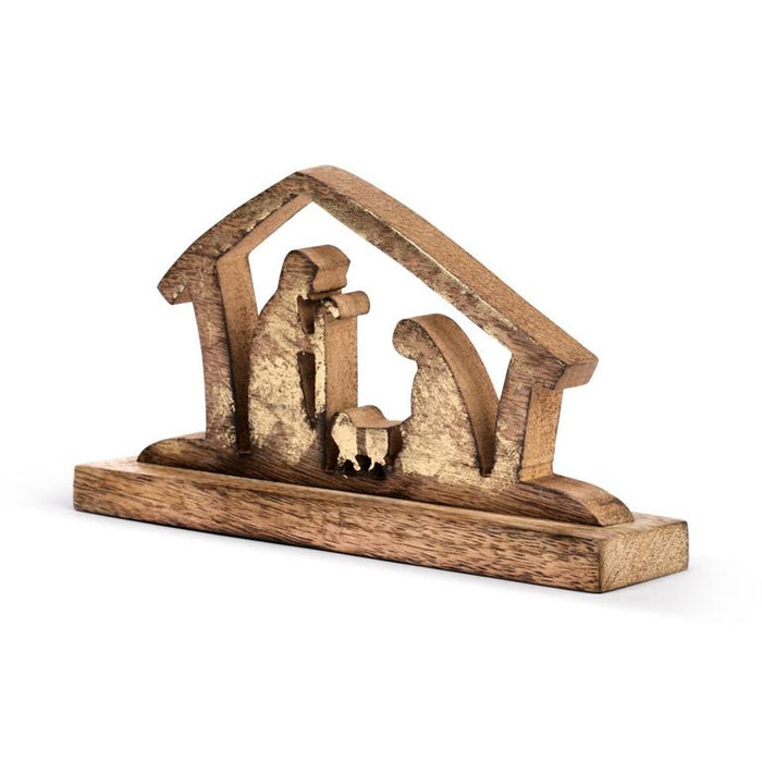 A wooden nativity scene figurine featuring Mary, Joseph, and baby Jesus under a stable roof, mounted on a rectangular wooden base, shown against a plain white background.