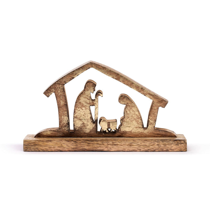 A wooden nativity scene figurine featuring Mary, Joseph, and baby Jesus under a stable roof silhouette, crafted from natural wood with a rustic finish, set against a plain white background.