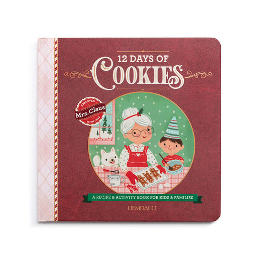 The front cover of the children's book '12 Days of Cookies' by Demodaco, featuring a festive red textured background, a pink-and-white patterned spine, and a central circular illustration of Mrs. Claus baking with a dog and a child.