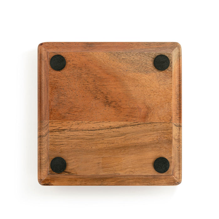 A square wooden board or tray with rounded corners and four black circular feet in the corners, shown from a top-down view on a white background.