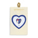 Heart-shaped pin with a snowman design on a branded card