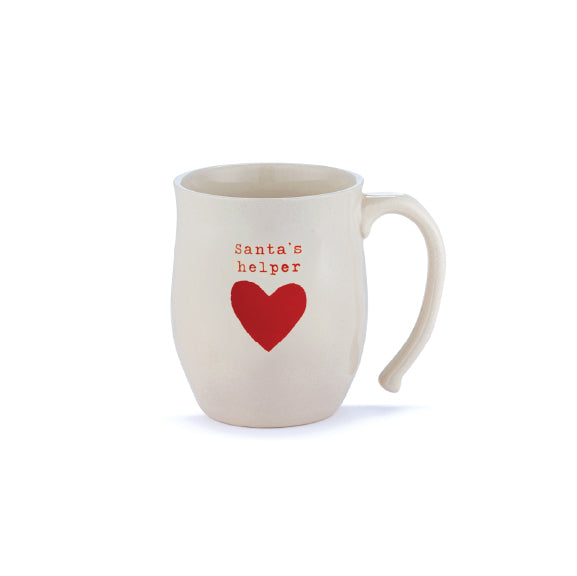 White mug with red heart and 'Santa's helper' text on a white background