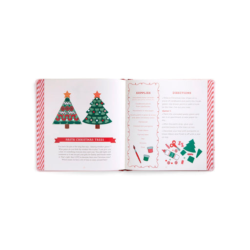 An open book showing festive Christmas tree craft instructions with illustrated trees, supplies, and step-by-step directions on a white background.