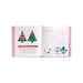 An open book showing festive Christmas tree craft instructions with illustrated trees, supplies, and step-by-step directions on a white background.