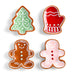 Four Christmas-themed cookies shaped like a tree, mitten, gingerbread man, and snowman on a white background.