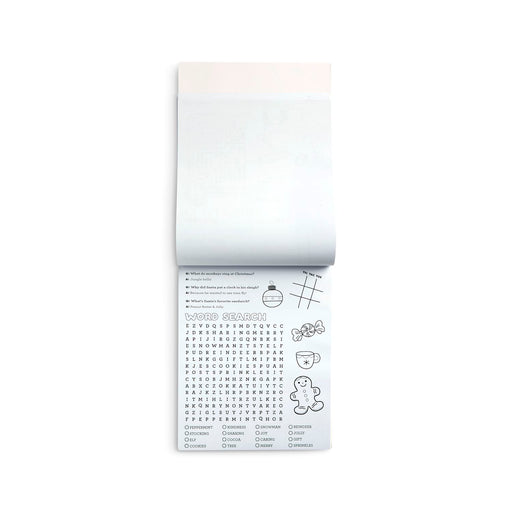 A white paper roll partially unrolled to reveal a printed word search activity sheet with black text, a grid of letters, and small line drawings on a plain white background.