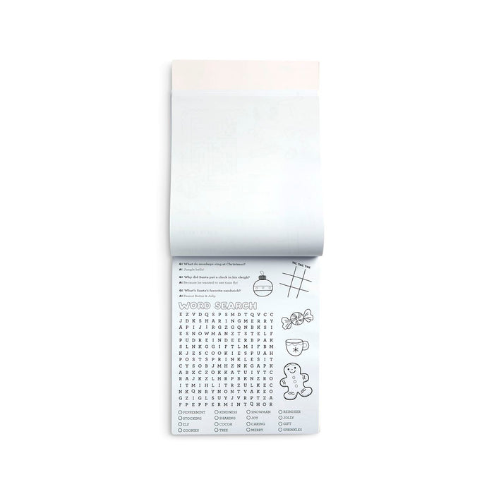 A white paper roll partially unrolled to reveal a printed word search activity sheet with black text, a grid of letters, and small line drawings on a plain white background.