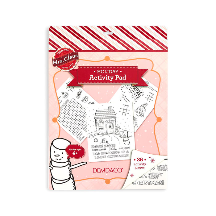 Demdaco Mrs. Claus Holiday Activity Pad, featuring a festive pink and red package design with a snowman illustration and preview of black-and-white holiday-themed activity pages.