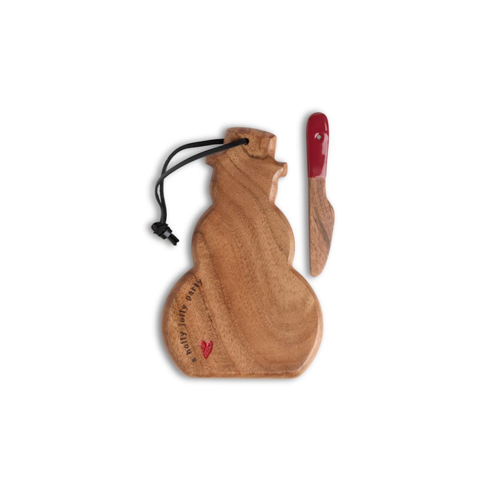 A wooden snowman-shaped cutting board with a black hanging cord and a small wooden knife with a red handle, shown on a plain white background.
