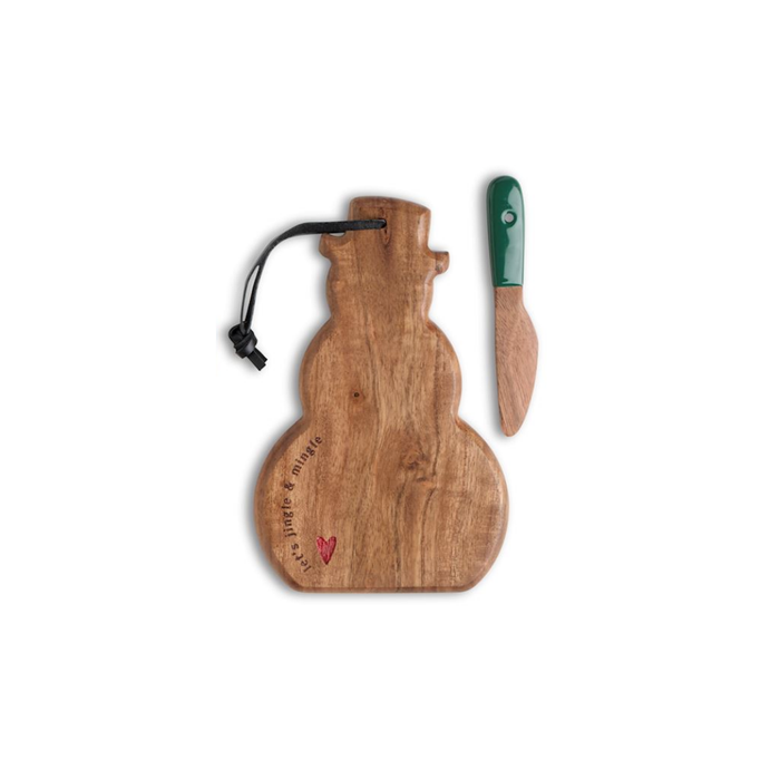 A snowman-shaped wooden serving board with a black hanging cord and a small matching wooden knife with a green handle, shown on a plain white background.
