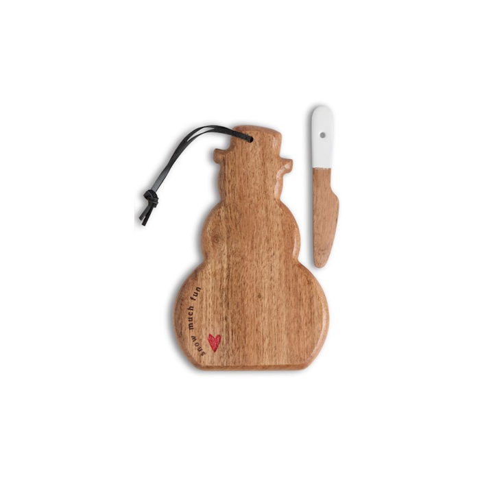 A wooden snowman-shaped serving board with a black cord loop and a small white-handled wooden knife, photographed on a plain white background.
