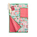 A festive Christmas-themed kitchen towel with a white background decorated with red and green candy cane, ornament, and snowflake patterns. It features a red and white striped pocket on the right side, a matching folded striped corner on the bottom left, and a cream-colored fabric loop with a red tag at the top left.