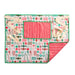 A square Christmas-themed fabric gift wrap or gift bag shown flat on a white background, with one corner folded over to reveal the reverse side. The front features a white base printed with red and green candy motifs, a red-and-white striped central panel, and cream ribbon laces tied at the corners.