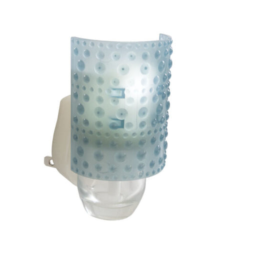 Clear plastic bottle with a blue polka dot cap on a white background