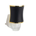 Decorative wall sconce with black shade and gold trim on a white background