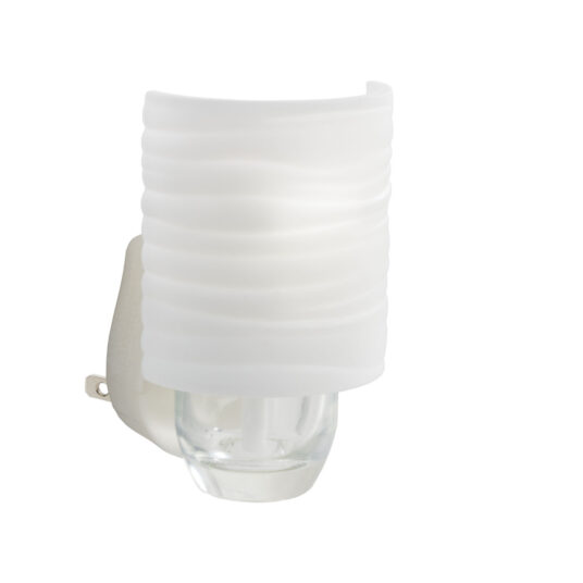White lampshade on a clear glass base against a white background