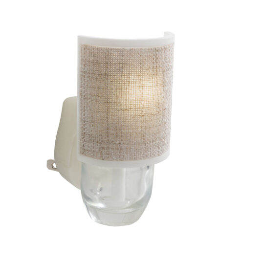 Wall-mounted light fixture with a textured beige shade on a white background