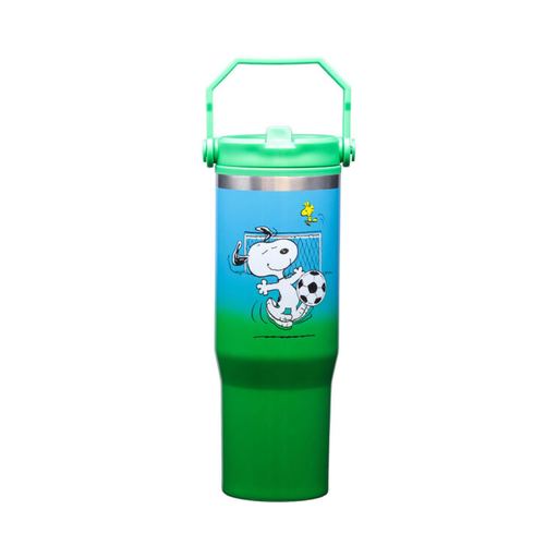 Green tumbler with Snoopy and Woodstock design on a white background